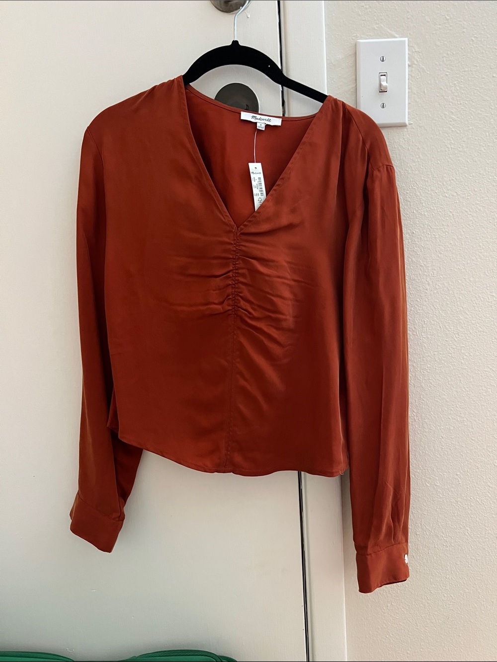 Madewell Rust V-Neck Ruched Long Sleeve Blouse